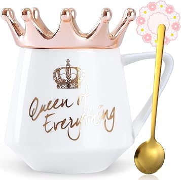 Arawat Queen of Everything Mug with Lid Sweet White Mug with Crown Coffee Mugs Gift with Spoon & Coaster 12 oz Ceramic Cup Birthday Gift for Women Girls Mom Girlfriend Valentines Day Gifts for Women