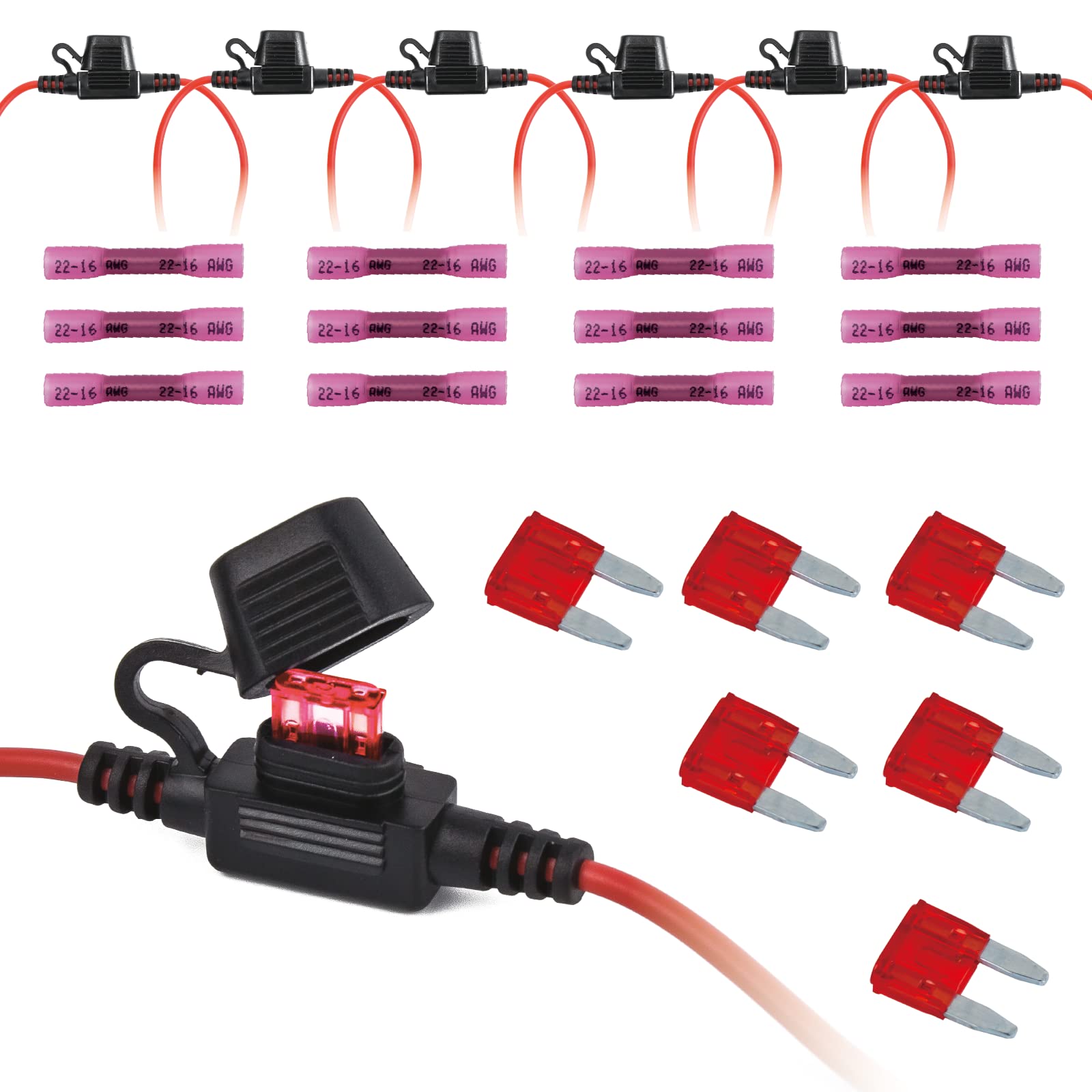 VANSIHO 16AWG Inline Fuse Holder 6 Pack 16 Guage Fuse Holder with 6pcs 10A Blade Fuse 12pcs 3:1 Heat Shrink Butt Connectors