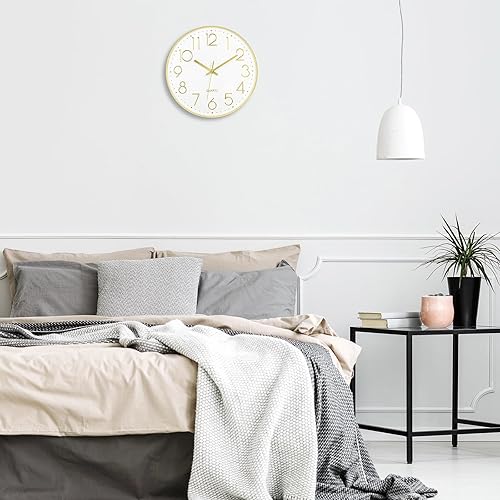 Miniatura 6 de Lumuasky Reloj de pared dorado de 12 pulgadas, silencioso, sin tictac, funciona con pilas, reloj redondo moderno para sala de estar, dormitorio,
