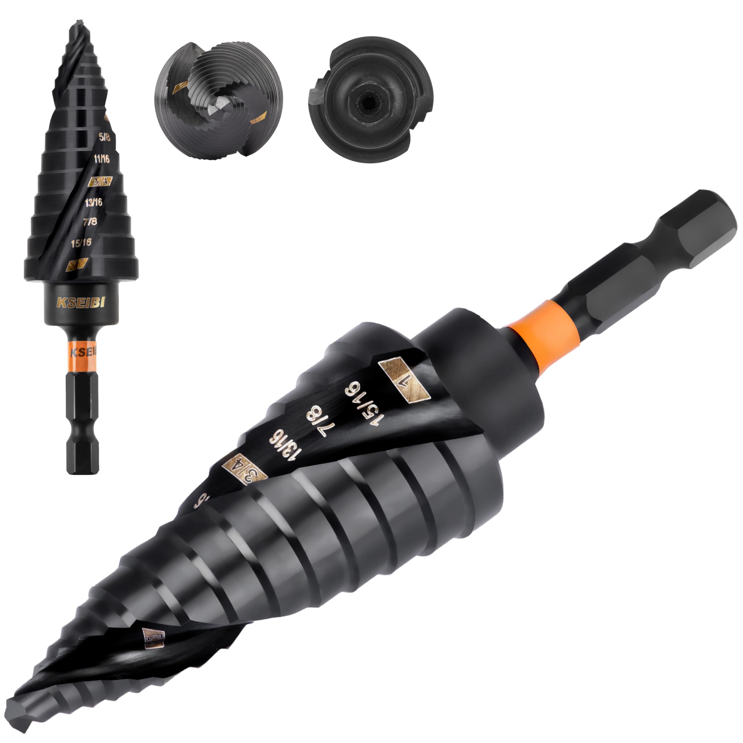 KSEIBI 9 Steps 1/8-1 inch SAE Standard Industrial Grade Step Drill Bit Ready Impact 1/4 inch Shank, 575079 High-Speed Steel Metal Drill Bits Black Oxide M2 Material