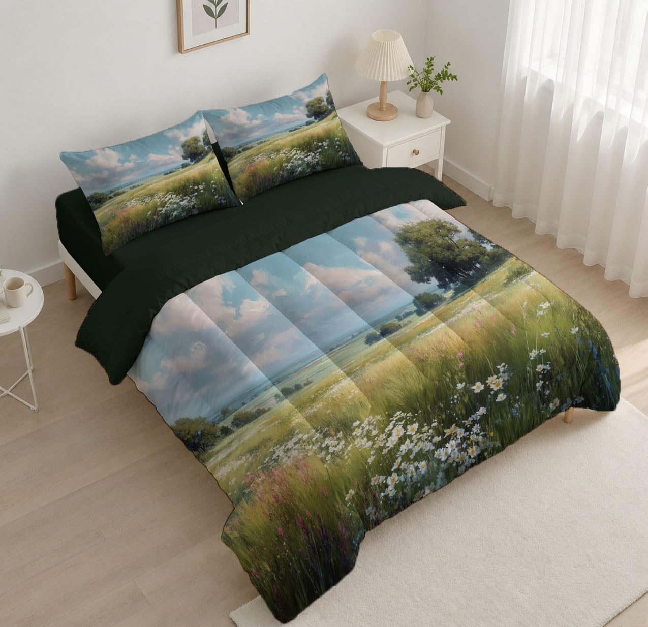 Oil Painting Landscape Comforter Set King Size, Beautiful Wildflower Grassland Bedding Set for Girls Boys, Sky Blue Quilt Bed 104"X90" Bedding Comforter Sets with 2 Pillowcase Room Decor