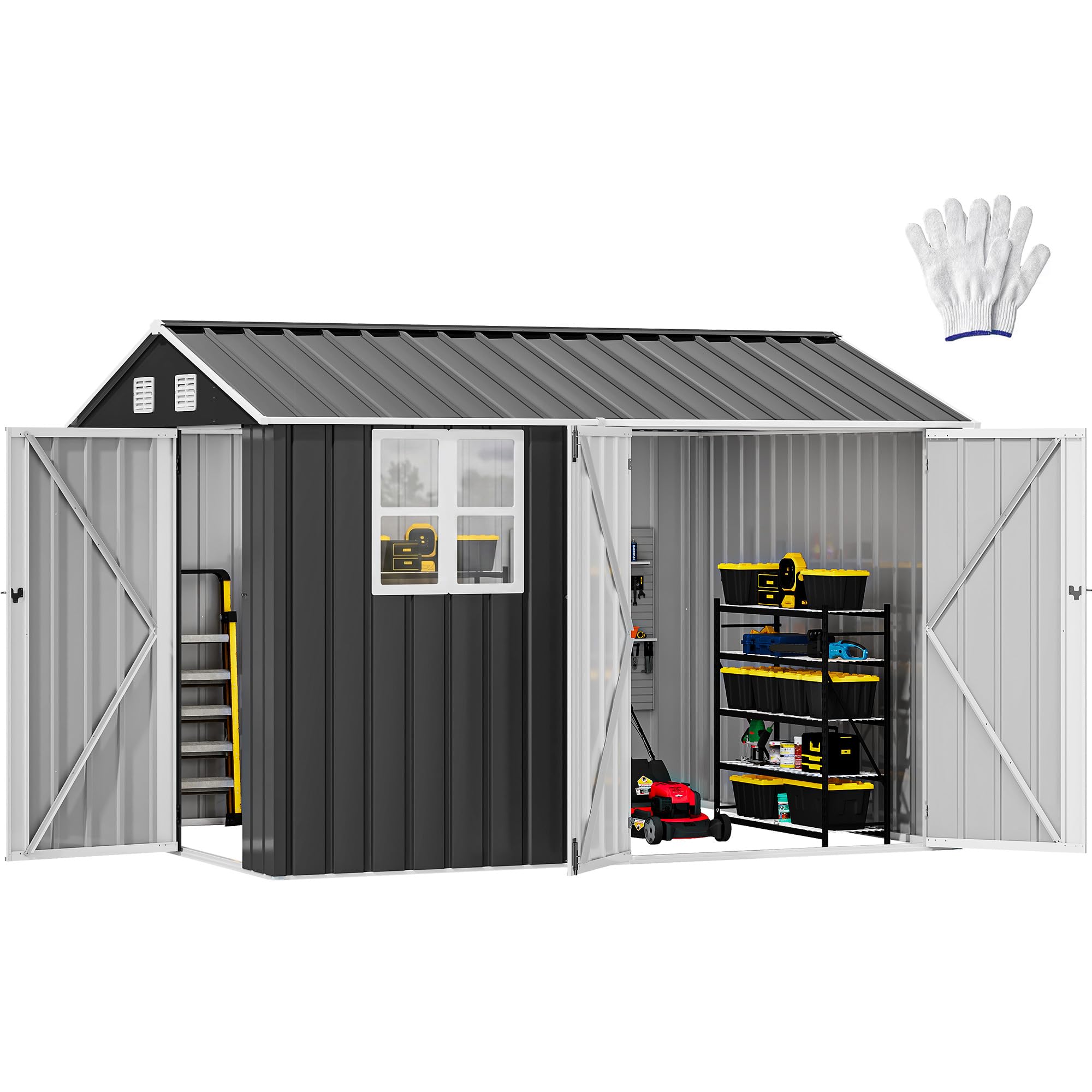 DWVO 10x8 FT Outdoor Storage Shed with 3 Lockable Doors and Window