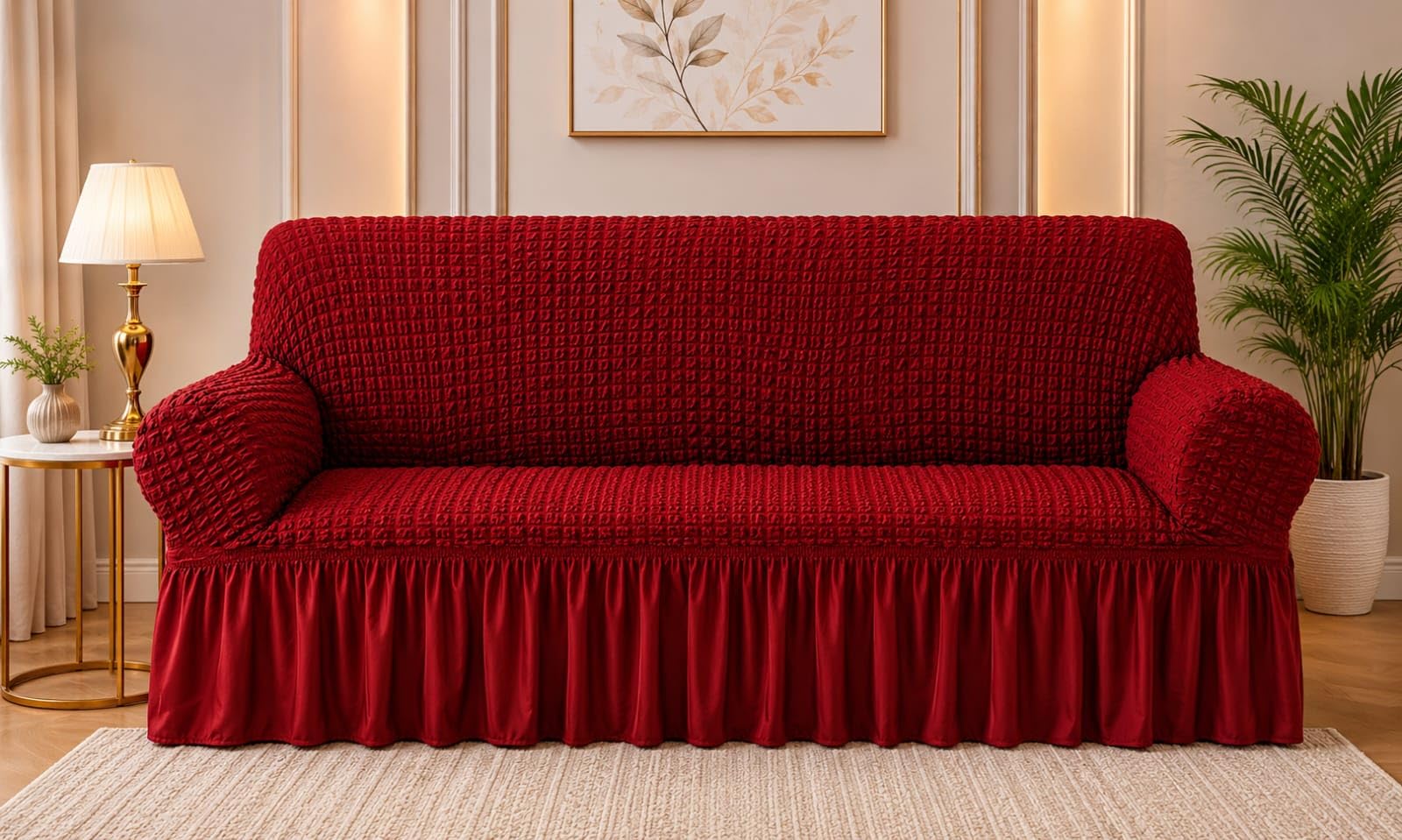 CLiDE Premium Elasticized 3 Seater Sofa Slipcover with Frill Skirt – High Elastic Waffle Textured Dustproof Couch Furniture Cover Protector for Living Room, Red-image-16