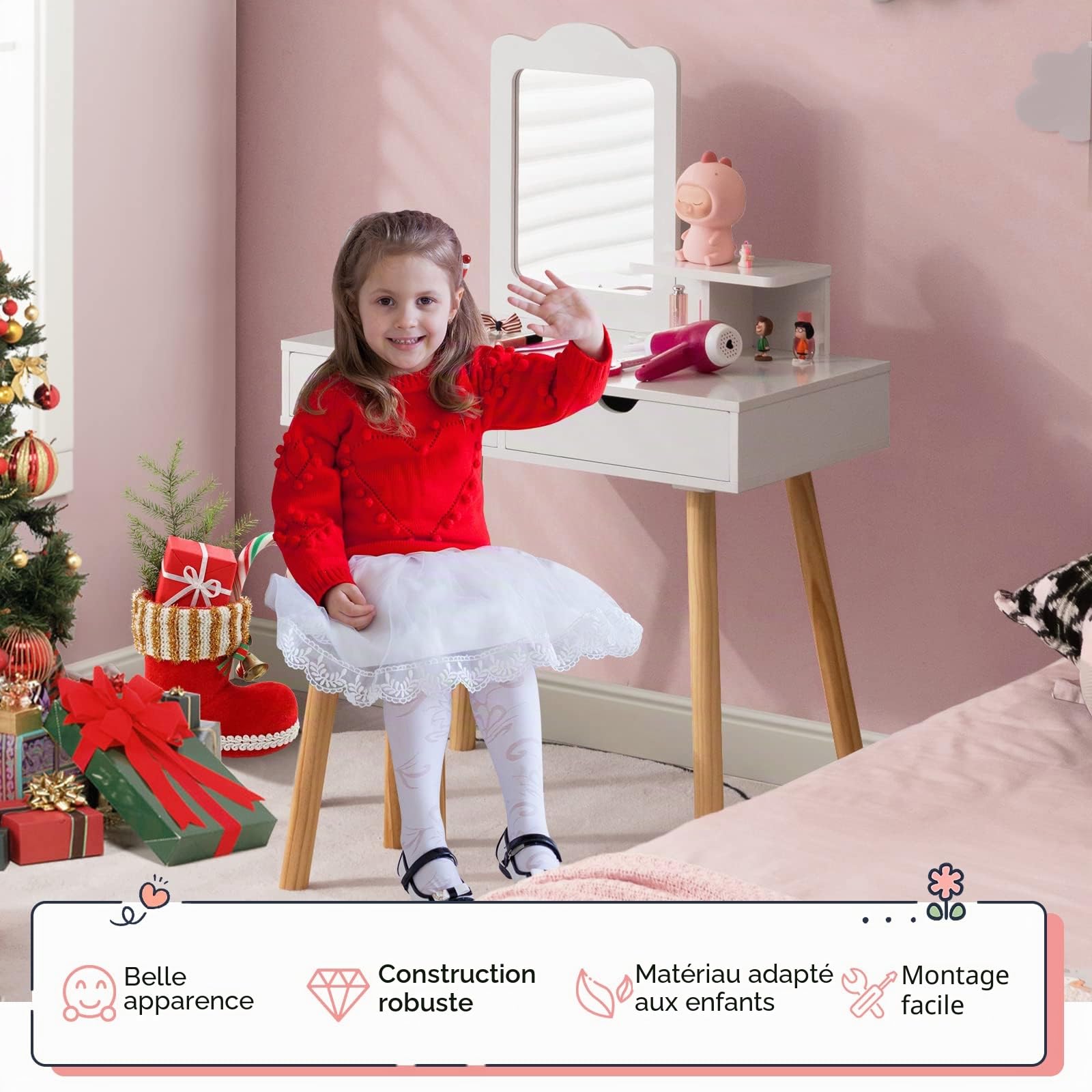COSTWAY Coiffeuse 2 en 1 pour Enfants - Bureau et Tabouret avec Miroir Amovible, 2 tiroirs, Peigne, Commode en Bois pour Filles âgées de 3 à 7 Ans