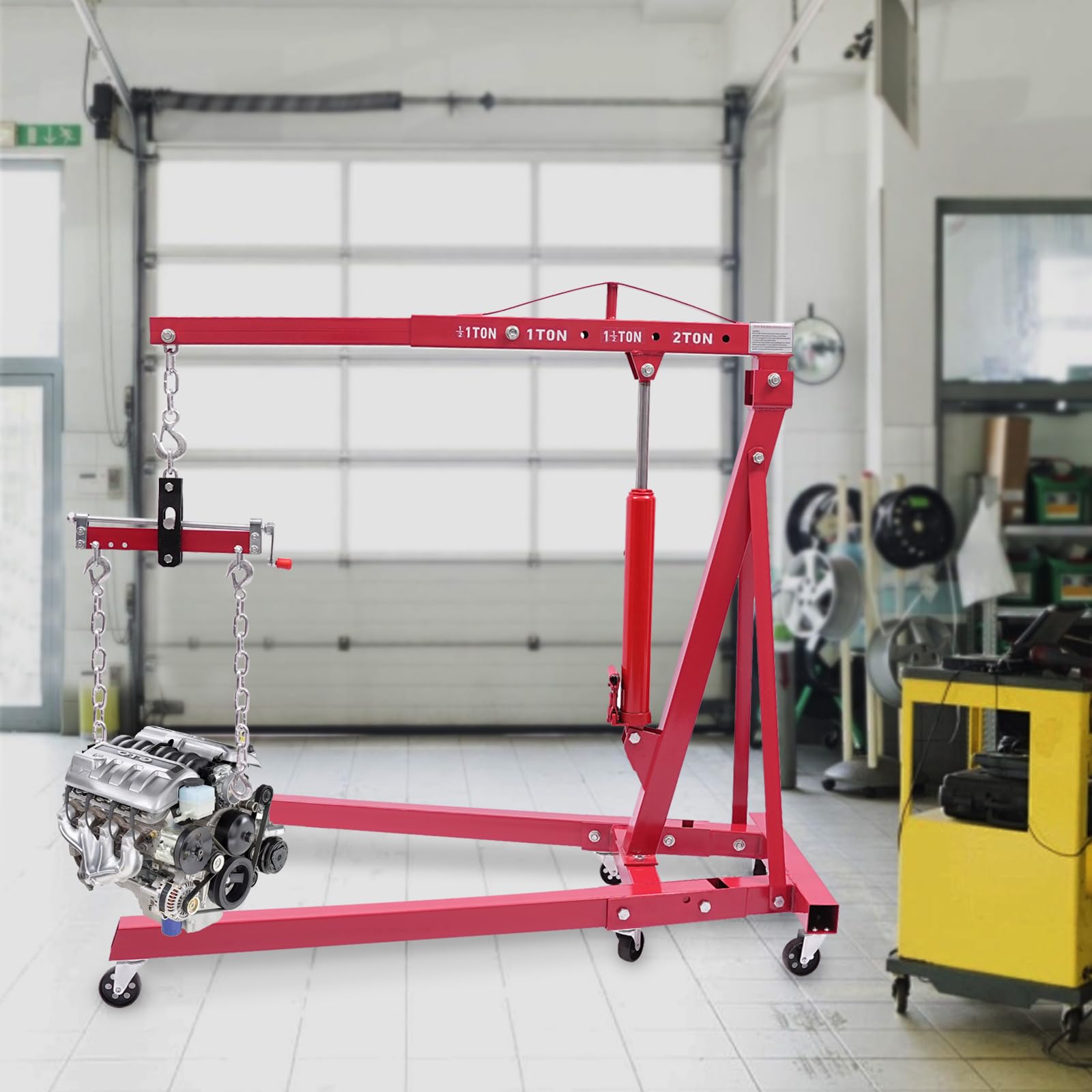 Grúa hidráulica plegable 2T con bomba hidráulica y equilibrador de motor, grúa de motor hasta 2000 kg, altura ajustable con 4 niveles y ruedas, para taller, reparación de coches para elevación de