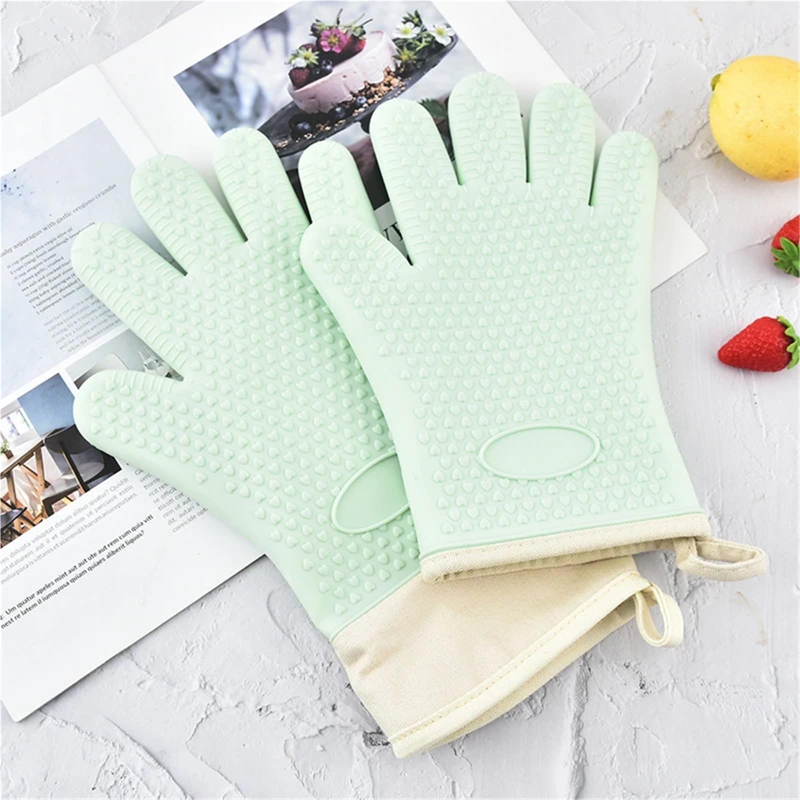 1 par de Guantes for Barbacoa Silicona Resistentes al Calor for Horno microondas Cocina for ignífugos y Antideslizantes para Barbacoa(Long Green)