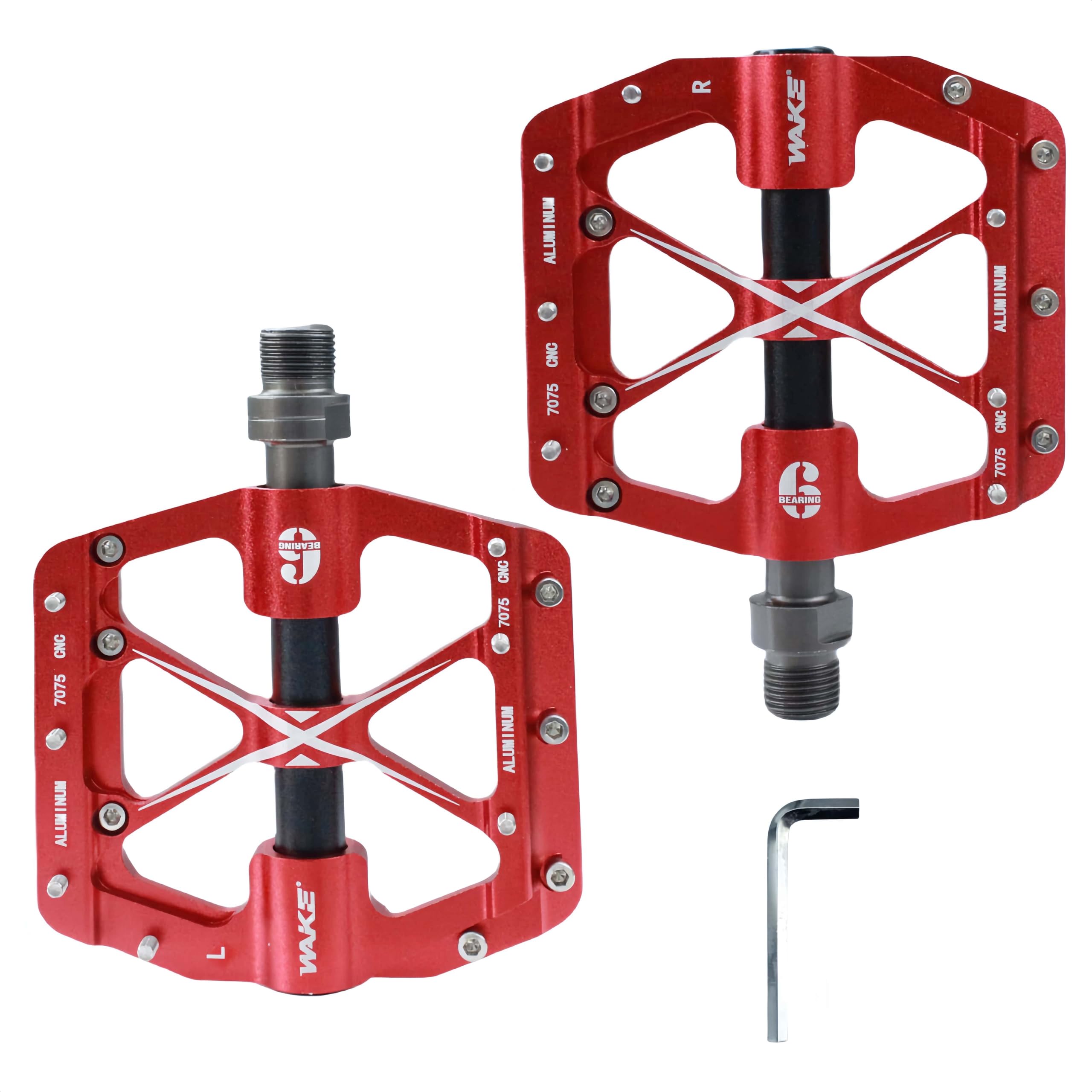 TRKIMAL Road/Mountain Bike Pedals - 3 Bearings Bicycle Pedals - Non-Slip Studs 9/16” CNC Aluminium Alloy Machined Flat Pedals with Removable Anti-Skid Nails (Red)