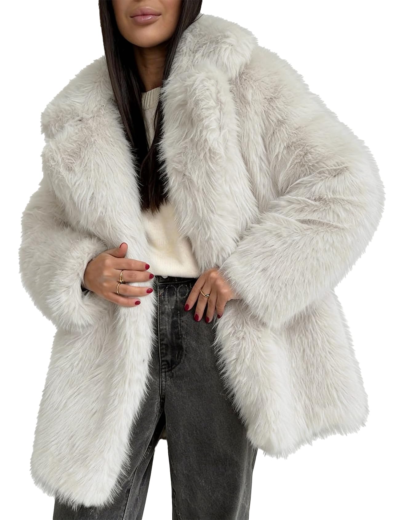 Kissonic Women's Long Faux Fur Coat Lapel Shaggy Winter Jacket