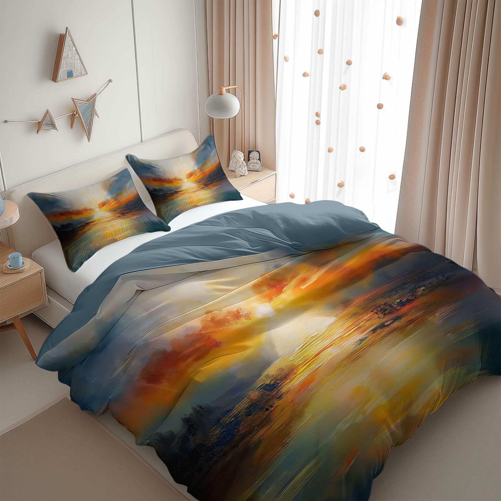 Blue-Orange Bedding Sets Sunrise Sun Reflection Print Duvet Cover Set, Comforter Cover Full Size Soft Breathable Reversible 3-Piece Bedding for Kids Teens