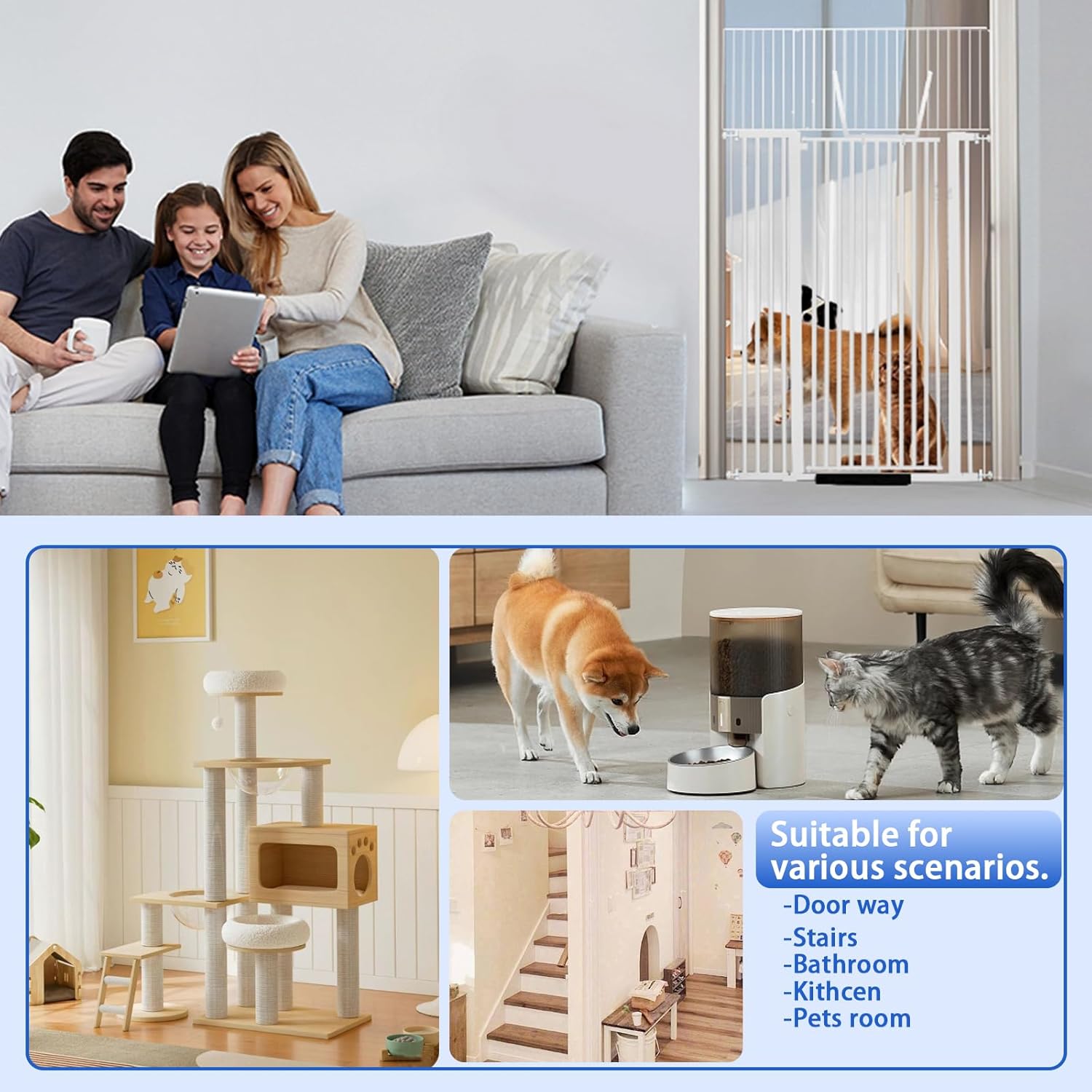 71 inch Extra Tall Gate Pet Gate,29.92"-49" Extra Wide Pressure Mounted,Cat Gates for Stairs, Kitchen,Doorways (White)