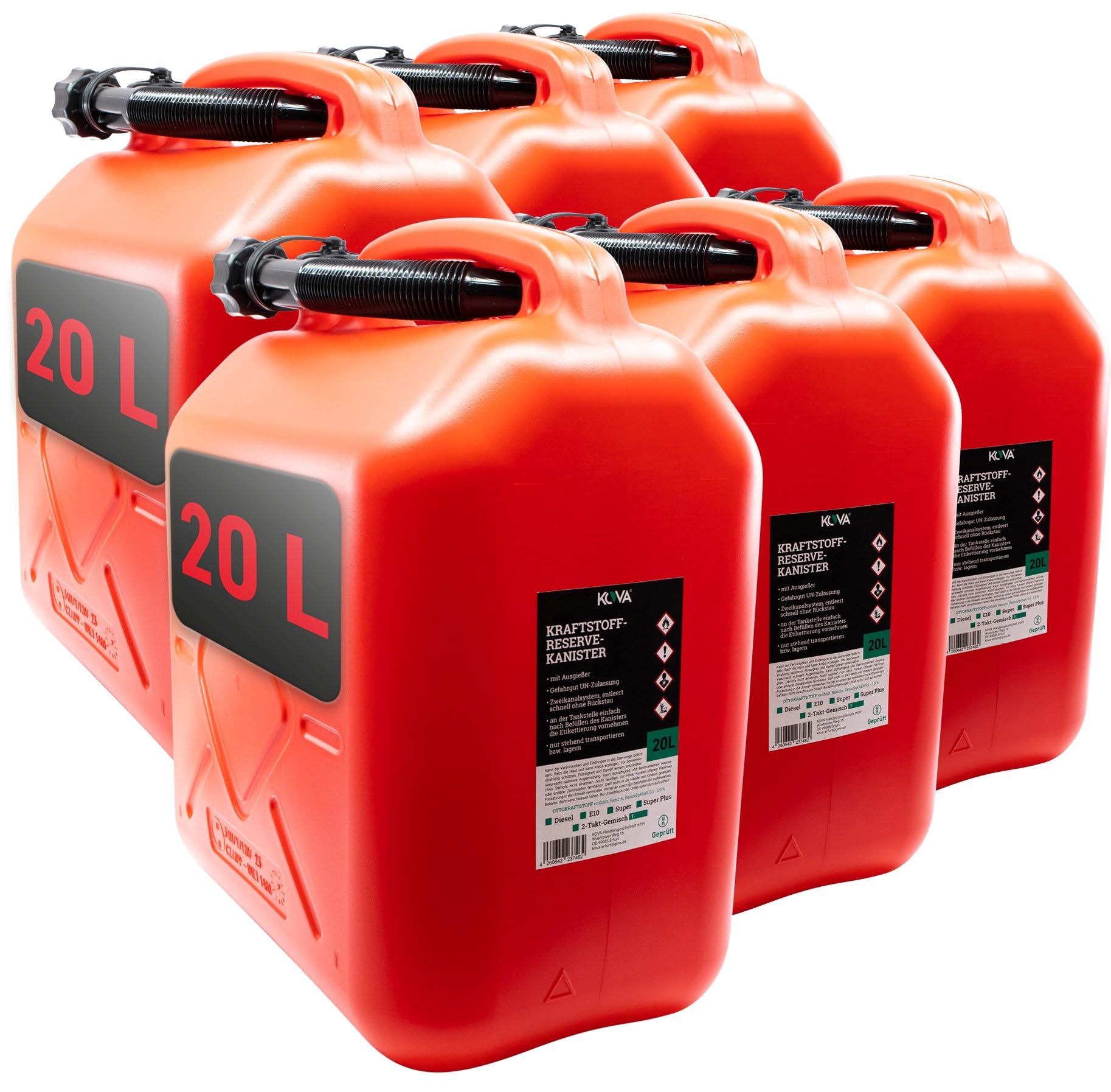 KOVA® 6x Benzinkanister 20L ROT mit Ausgießer für Benzin & Diesel | Ideal für Auto, Motorrad, Boot, Camping und Werkstatt