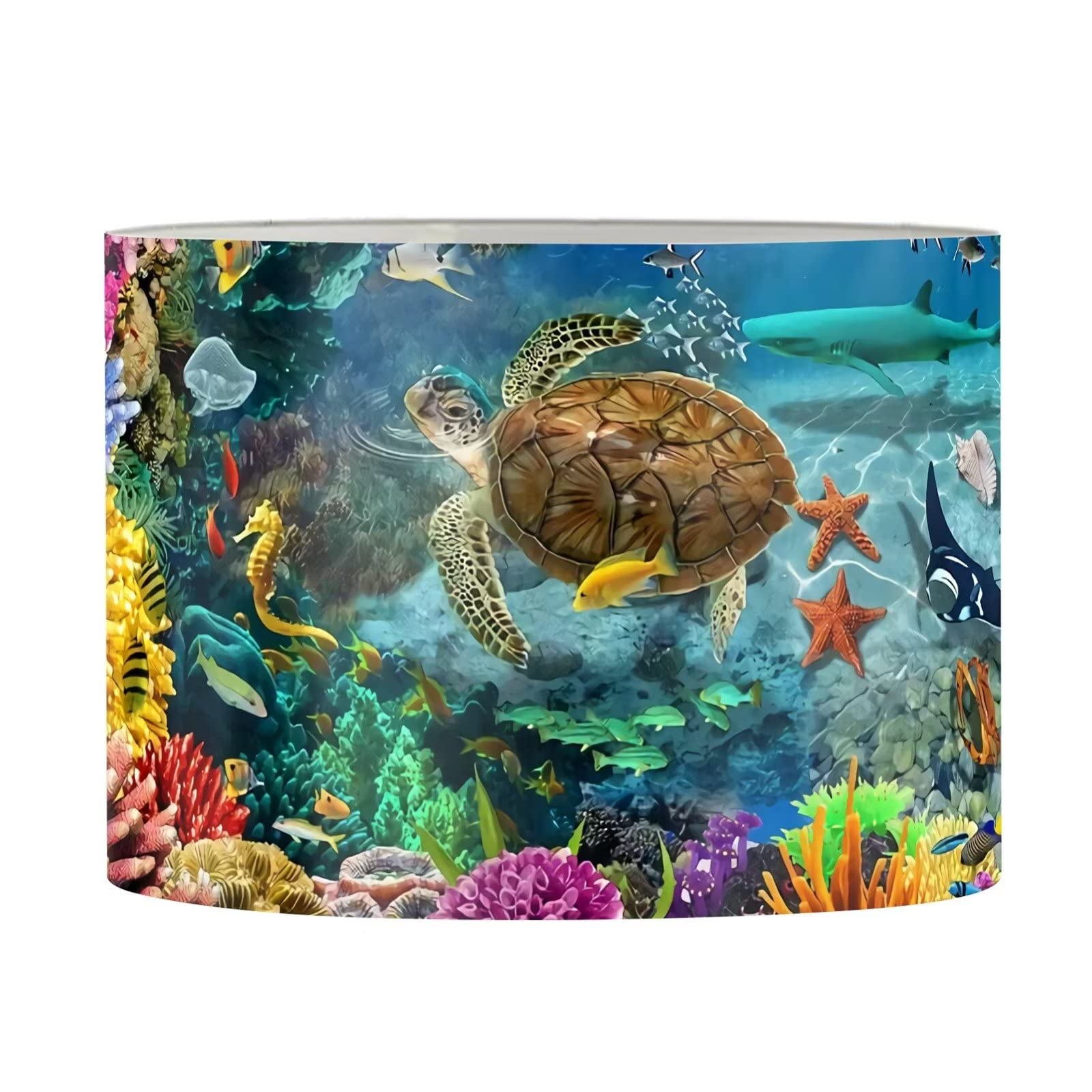 Xoenoiee Lamp Shade Drum Lampshade for Pendant Floor and Table Light, Plastic Ceiling Light Shade, European E27 Fitting, Turtle Underwater World Pattern, Small Size — image 1