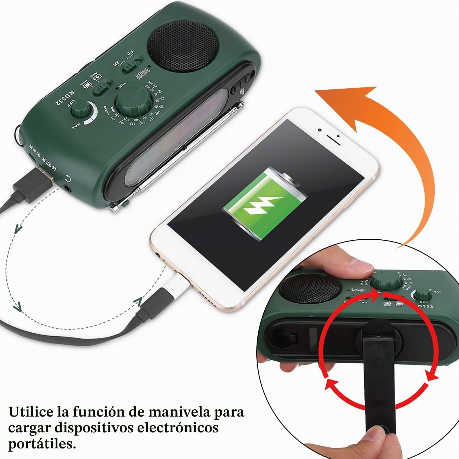 Radio Solar de Cuerda, Radio de Manivela Am/FM con Linterna LED Cargador de Teléfono de Emergencia para el Hogar Y Acampar Al Aire Libre, Senderismo