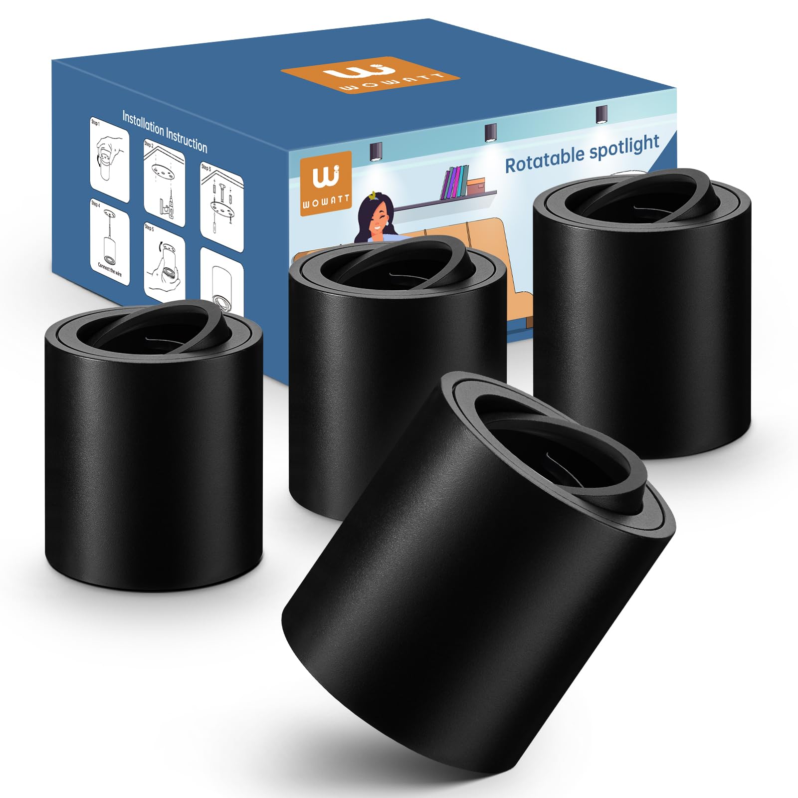 wowatt 4 Stück Aufbauspot Schwarz - Aufbaustrahler mit GU10 Fassung, Geeignet für GU10 & LED Module, Aufbauleuchte 30° Schwenkbar, aufputz deckenspots Spots aus Aluminium, Rund(Ohne GU10-Lampe)