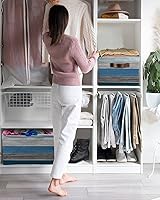 Vista 6 de Cesta de almacenamiento de madera de granero retro azul con rayas degradadas grises para estantes, cubos de almacenamiento de tela, organizadores