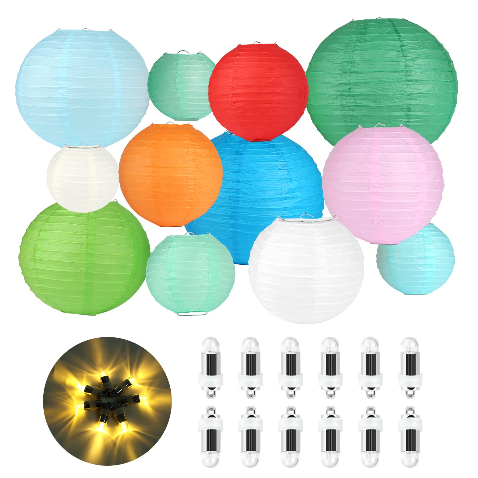 12pcs Paper Lanterns with LED Lights, Decorative Celebration Paper Lantern Set, Multi Size Spherical Paper Lanterns for Weddings, Birthdays, Christmas, Parties and Events (Colourful)