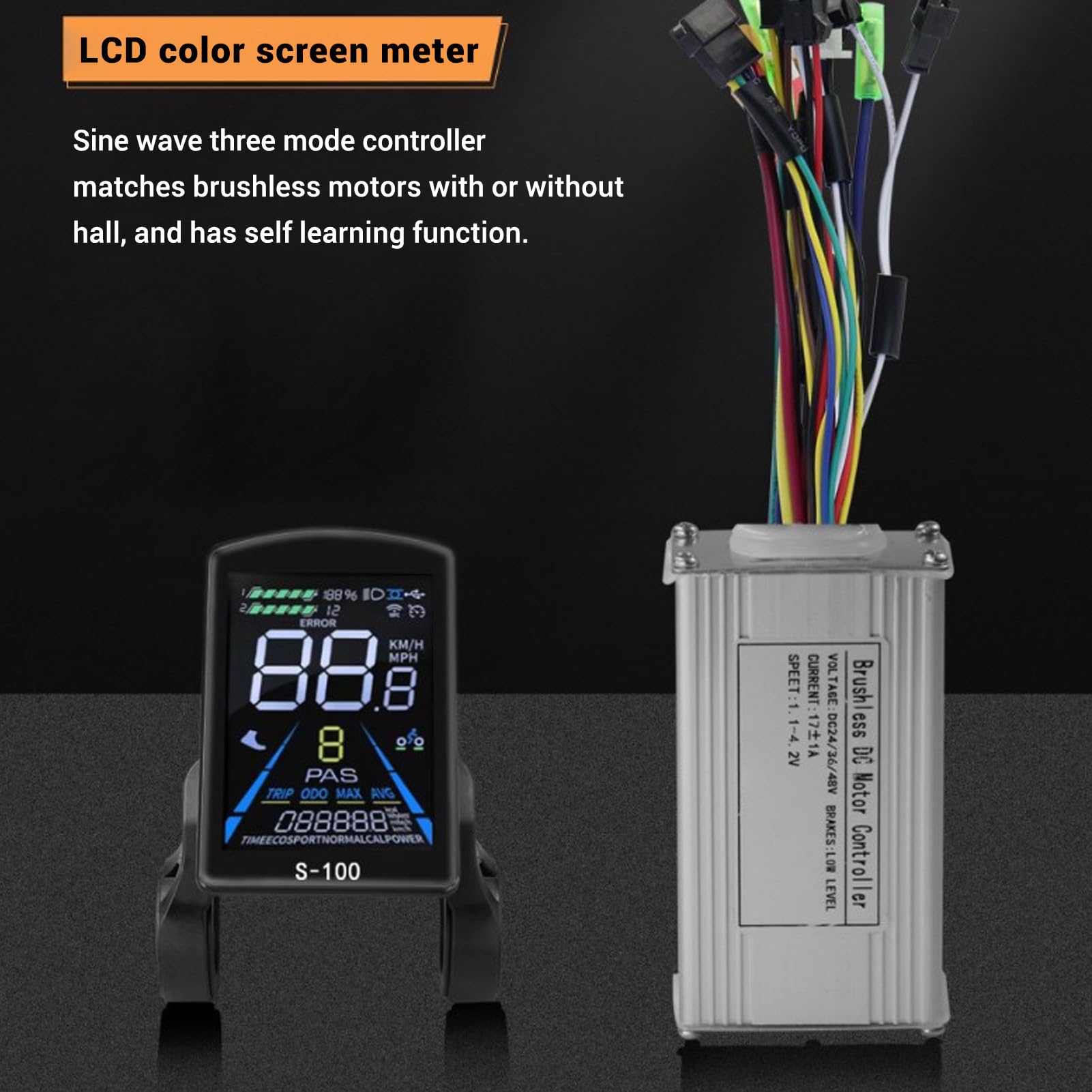 BuyWeek Kit Controller Brushless Bici Elettrica, 36V 48V 250W 350W 17A Controller Onda Sinusoidale 3 modalità con Display LCD a Colori S-100