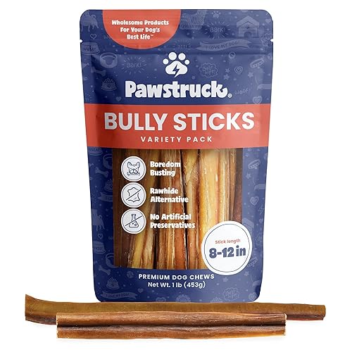 Pawstruck Natural 8–12" Bully Sticks for Dogs – Long-Lasting, Rawhide-Free, Low-Odor, Grain-Free Dental Chew Treat – Single Ingredient, 100% Real Beef – 1 lb Bag – Packaging May Vary - 1 Pound (Pack of 1) - 8-12"