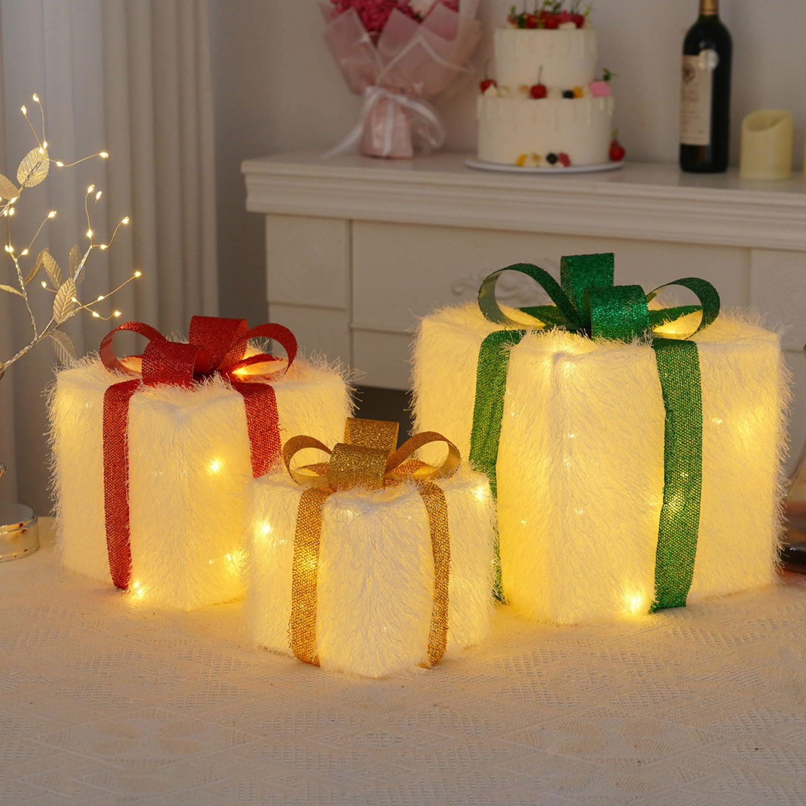 ozdoby świąteczne, Pudełko prezentowe LED na Boże Narodzenie, 3 sztuki, z pilotem i 8 trybami, białe, 15-25 cm(White Velvet Gift Box,Colorful)