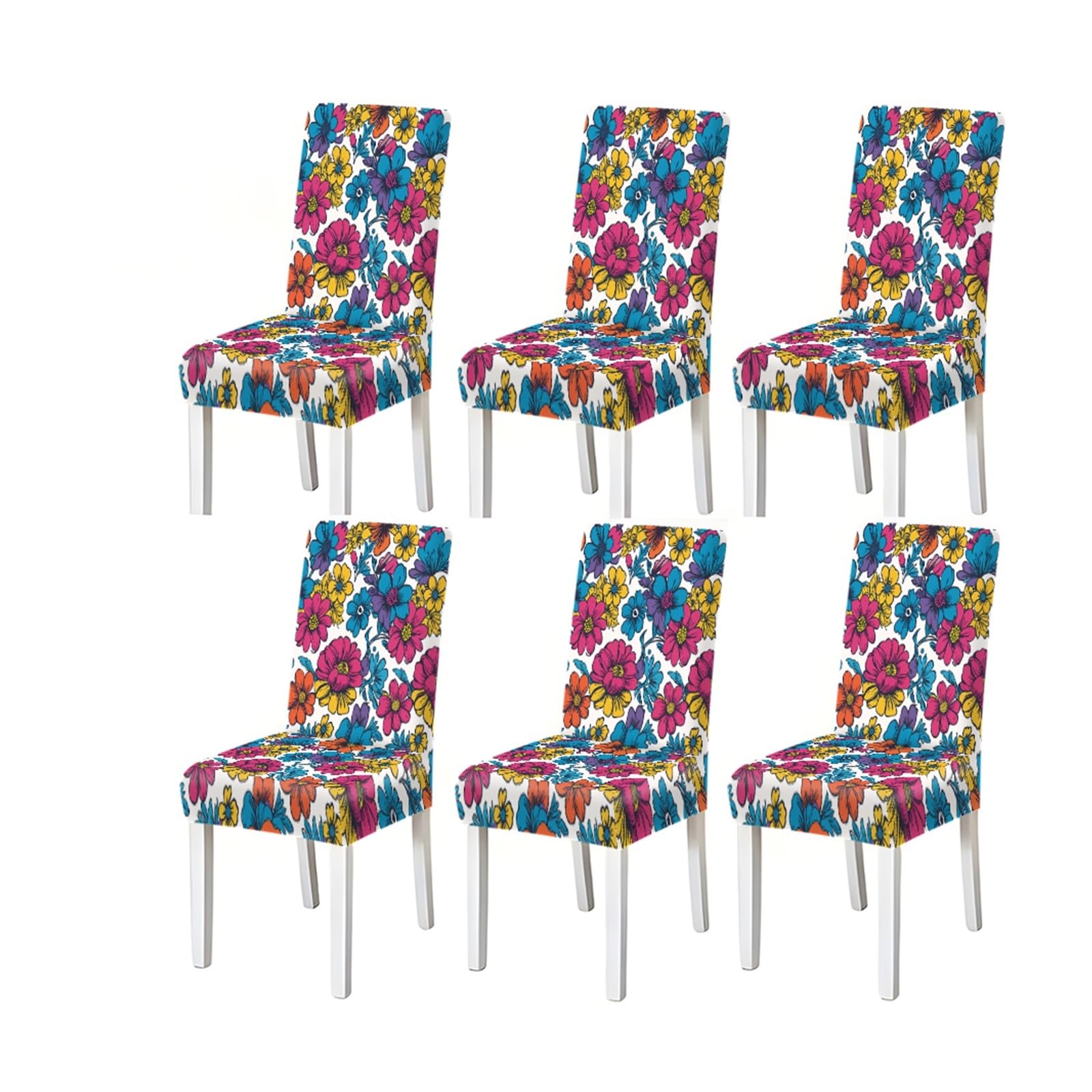 Bosuybn One Color Vibrant Multicolor Boho Floral Pattern Print Dining Chair Covers Set Of 2/4/6, Stretch Slipcovers For Kitchen Dining Room Furniture Protectors For Home Dining Room(6Pcschair Cover)