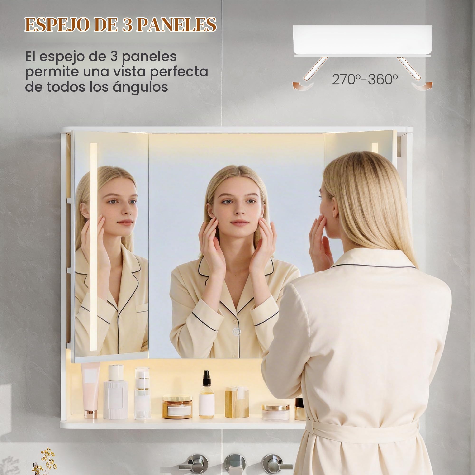 Hzuaneri Armario de Baño con LED, 3 Color, 3 Puertas, 21 x 90 x 76 cm | Iluminación LED Superior e Inferior, Mueble Baño con Estantes Ajustables, 5490103XEU