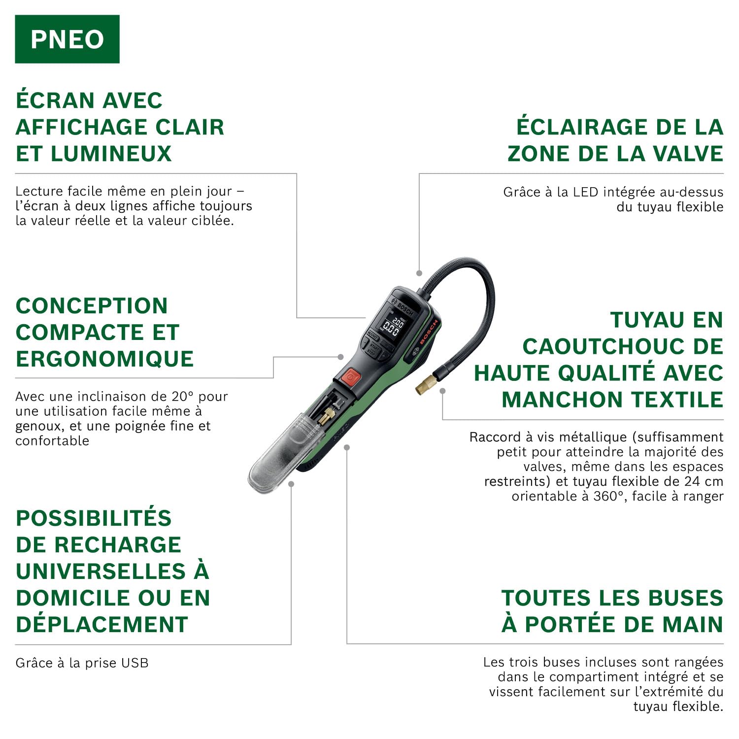 Bosch PNEO Pompe à air sans Fil (INCL. Jeu d'adaptateurs de Pression, Batterie 4V et Sac en Tissu)