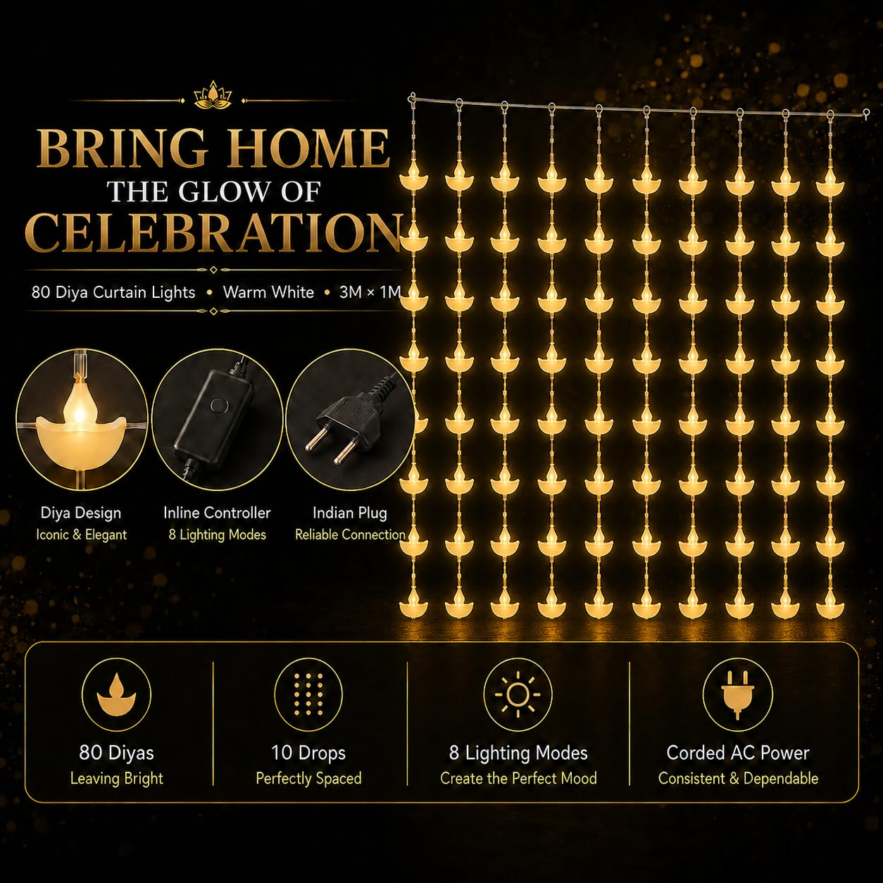 Diya Fairy Lights - 80 LED String Lights -6