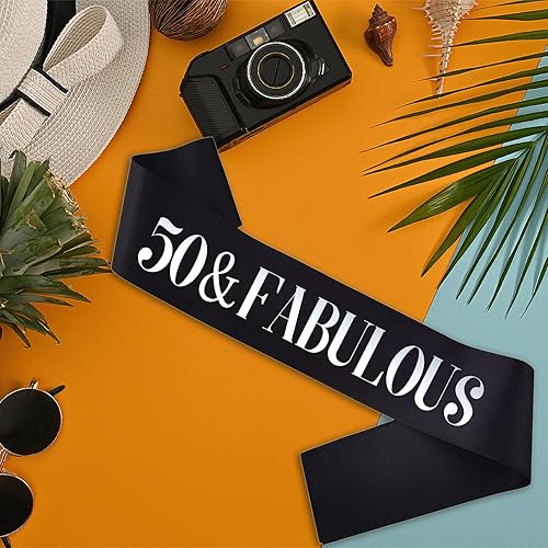 Miniatura 3 de Banda de cumpleaños de 50 y fabulosa, lámina plateada de satén negro del '50 y fabuloso para hombres o mujeres, decoraciones de fiesta de cumpleaños