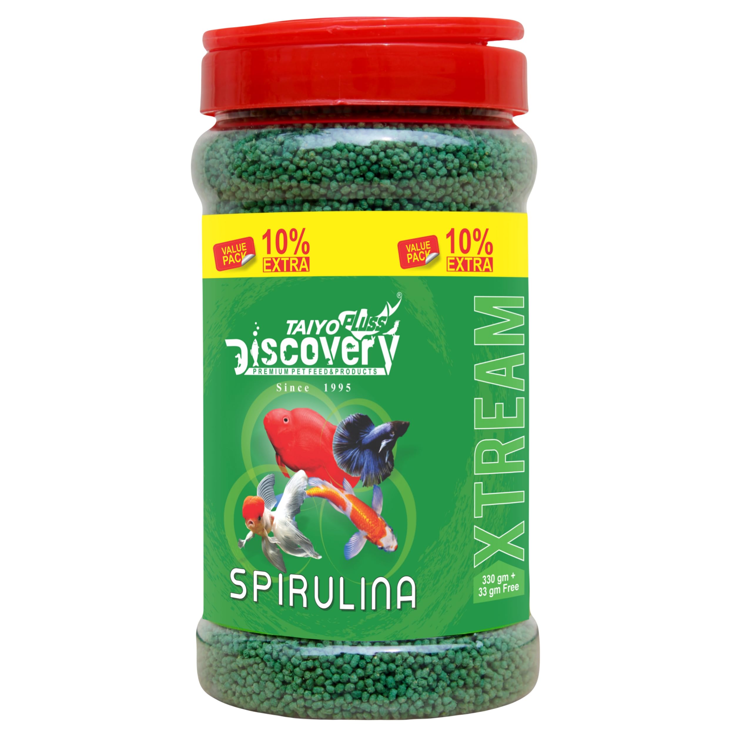 Taiyo Pluss Discovery Xtream Spirulina Fish Food - 363 g (330 g + Extra 10% Free) (Pack of 1) | Tropical Fish Feed Fish Meal & Shrimp Meal for Growth, Colour & Strength-image-15