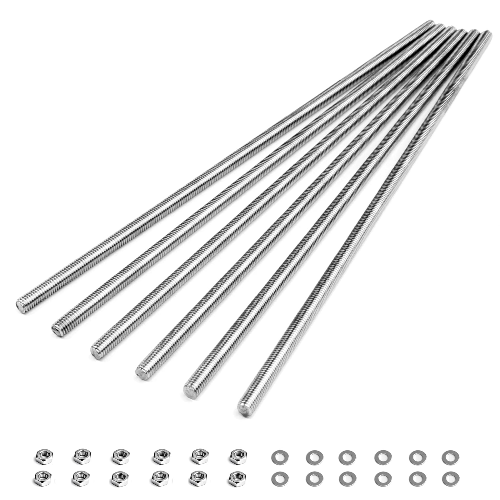 6pcs M5 x 200mm Fully Threaded Rod, 304 Stainless Steel Right Hand Threads Rods, with Nuts and Flat Washer,for Clamps, Hangers and U-Bolts (M5 x 200mm)