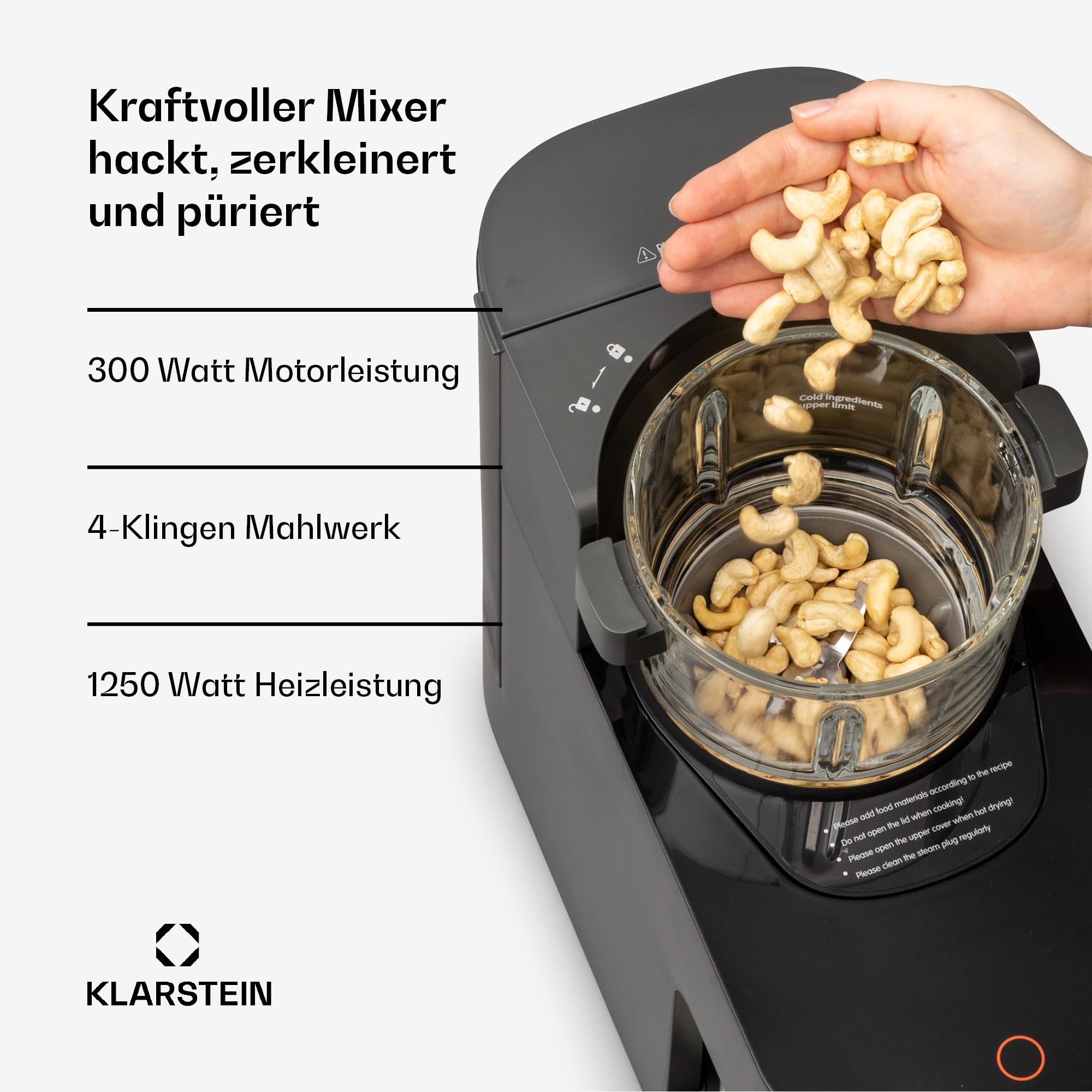 Klarstein Mixer, Standmixer mit 300 Motor- und 1250 Watt Heizleistung, Hochleistungsmixer für Pflanzenmilch Zubereitung, Smoothie Mixer mit 360° Heiztechnologie, 30.000 U/min, Touchscreen, Schwarz