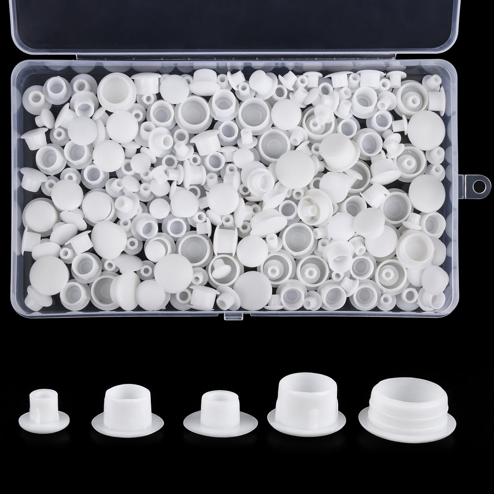 200 Stück Abdeckkappen für Bohrlöcher, Kunststoff Abdeckkappen für Schrauben mit Box, Schraubenabdeckung Weiss, Runde Schrauben Abdeckkappen Sortiment, Blindstopfen 5 mm/6 mm/8 mm/10 mm/12 mm