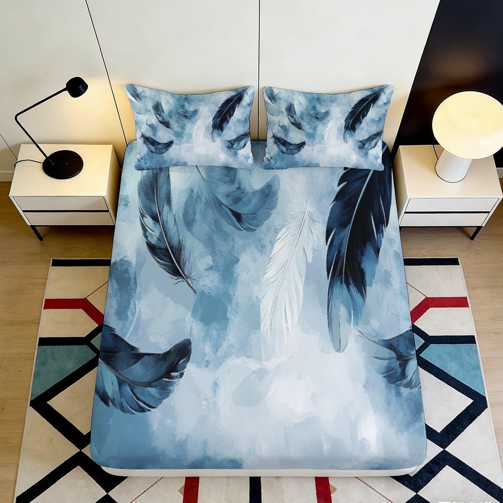 3D Printed Blue Feather Fitted Sheet Microfiber Artistic Black Feather Mattress Cover for Bedroom Dorm Decor 90x200x25cm