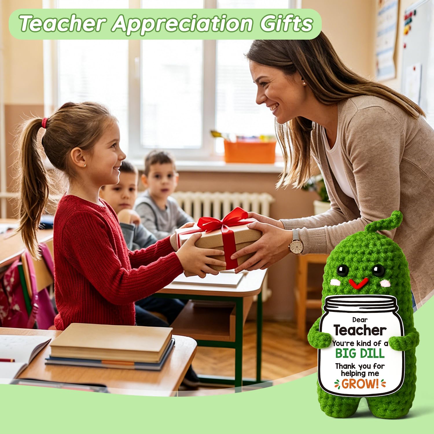 MAMAGIFTREE Teacher Appreciation Gifts- Unique Thank You Gift for Daycare Kindergarten Preschool Teachers Women, Funny Crochet Pickle Plush End of Year Back to School Gift for Teacher