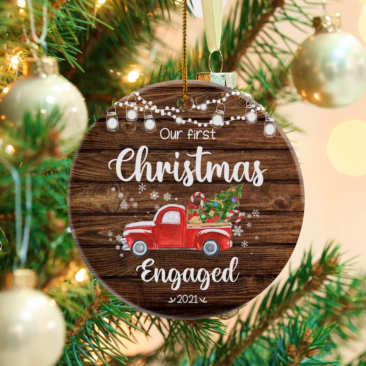 Our First Christmas Engaged 2022, Personalized Name Newly Married Ceramic Ornament,Custom Photo Ornament, Xmas Tree Ornaments Hanging, Gift for Couple, Lover, Customized Gift for Family