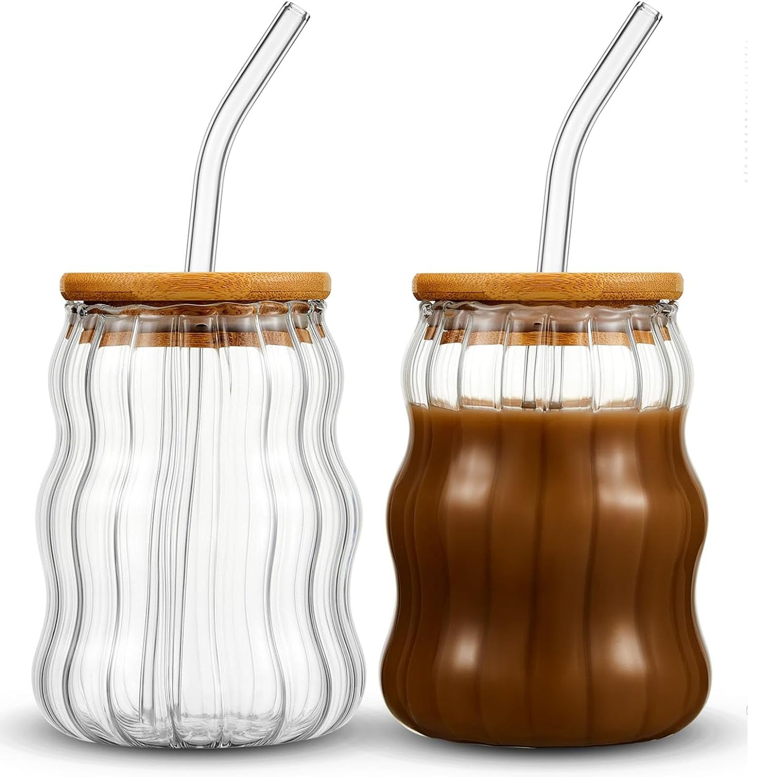 Ribbed Glass Cups With Straws and Lids, 2PCS Wave Bubble Glasses, 18Oz Vintage Drinking Glassware Bubble Cups for Iced Coffee Beverage Beer Cocktails