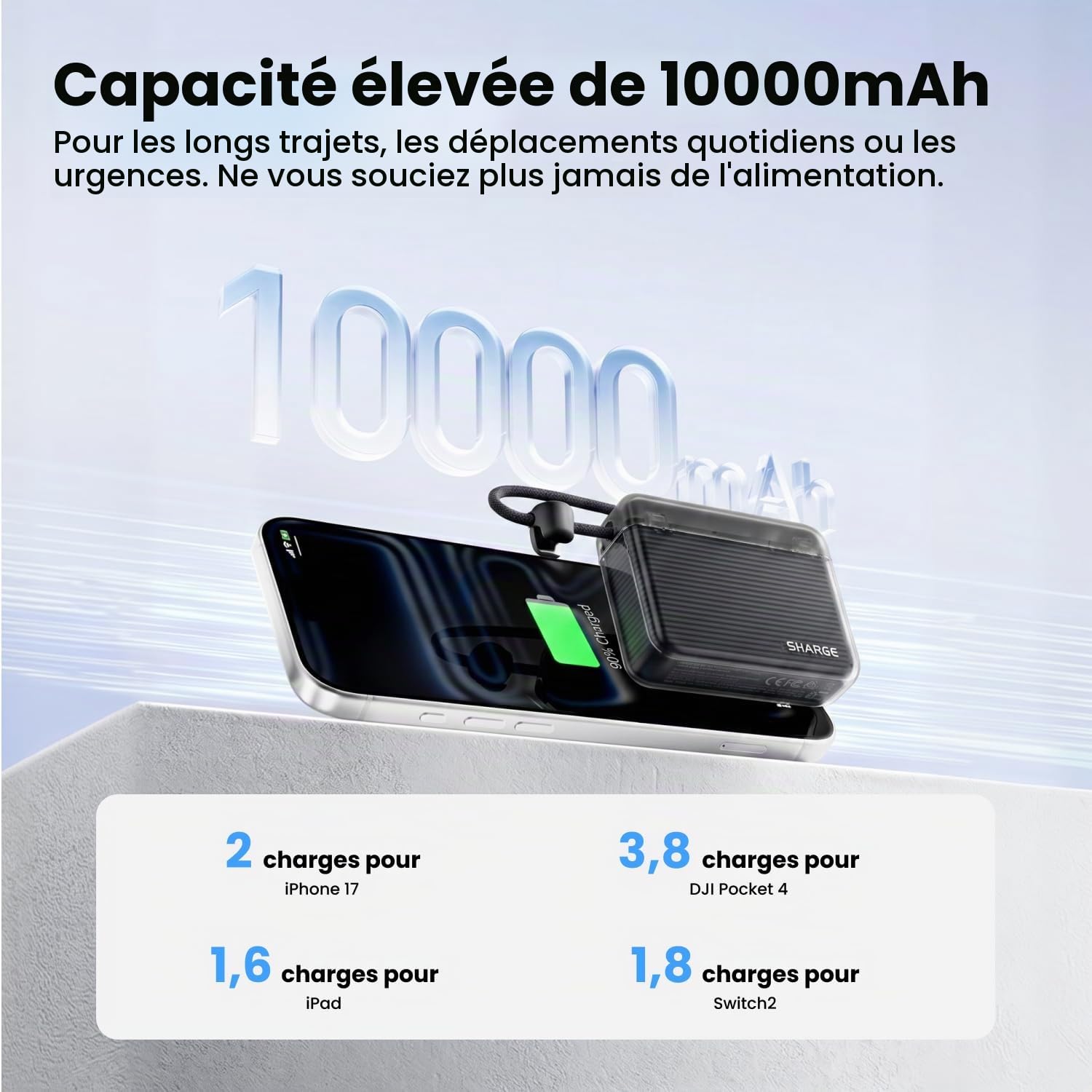 SHARGE 10000mAh Batterie Externe 20W USB-C avec Câble Intégré