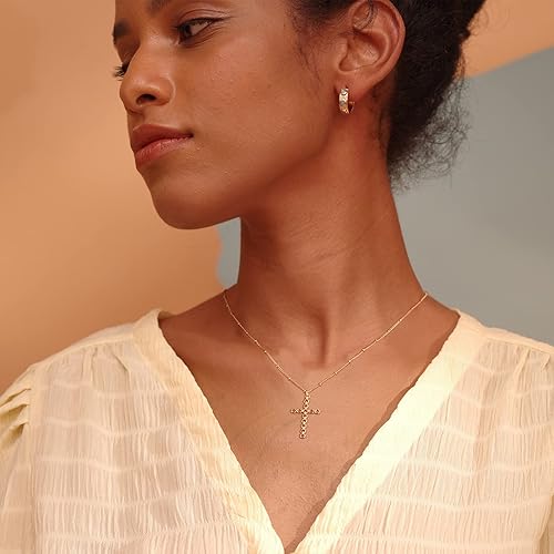 Miniatura 2 de Fettero Collar con dije de cruz para mujer, chapado en oro de 14 quilates, collar de cadena ajustable, delicado collar de fe simple, collar con