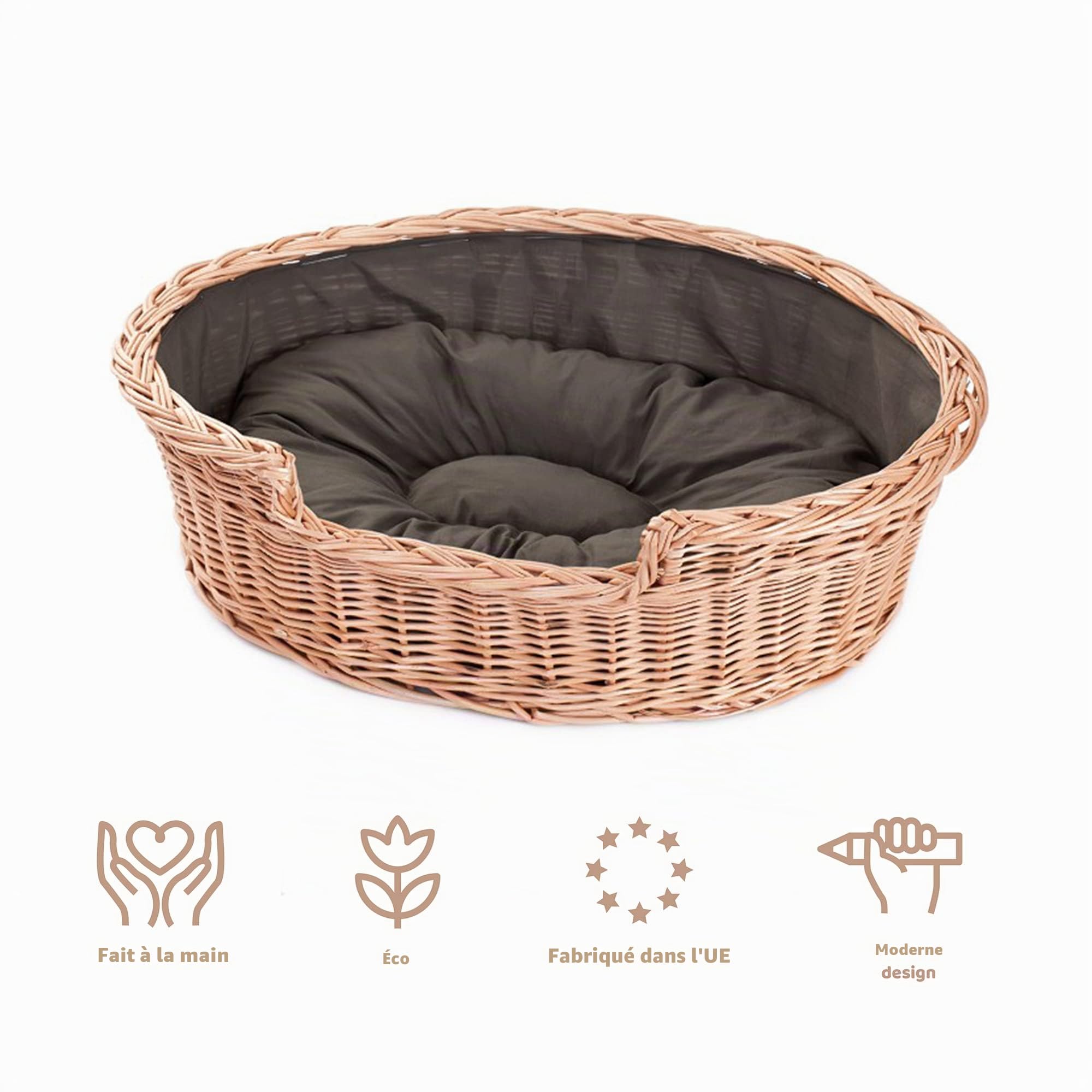 e-wicker24 Corbeille,Panier,Niche,Coussin Ovale pour Chien, doublée avec Coussin Maron (L)