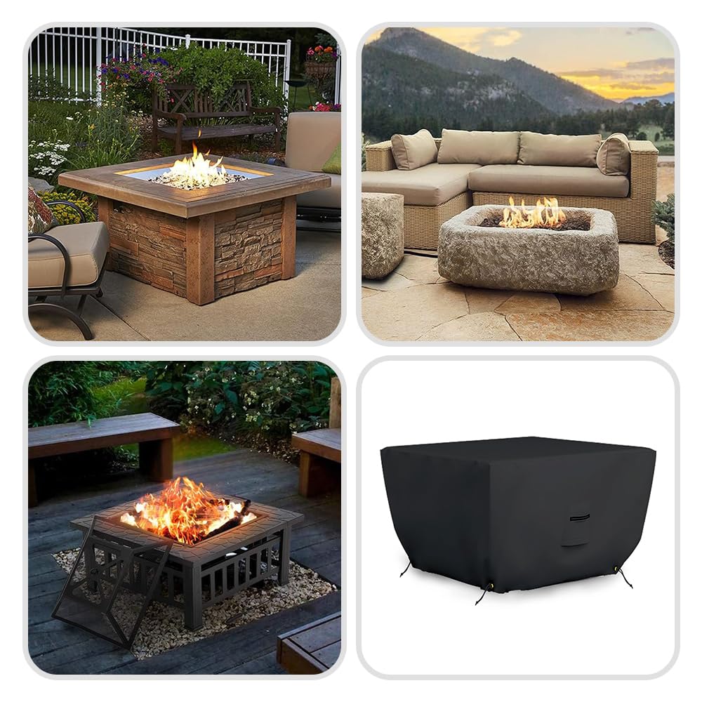 Pokrowce na zewnątrz Fire Pit - wodoodporne, 100% odporne na promieniowanie UV kwadratowa osłona na ognisko, 500 ml tkanina PVC z kieszeniami powietrznymi i sznurkiem do dopasowania, aby wytrzymać wiatr i burze. 90 cm dł. x 90 cm szer. x 36 cm wys., czarn