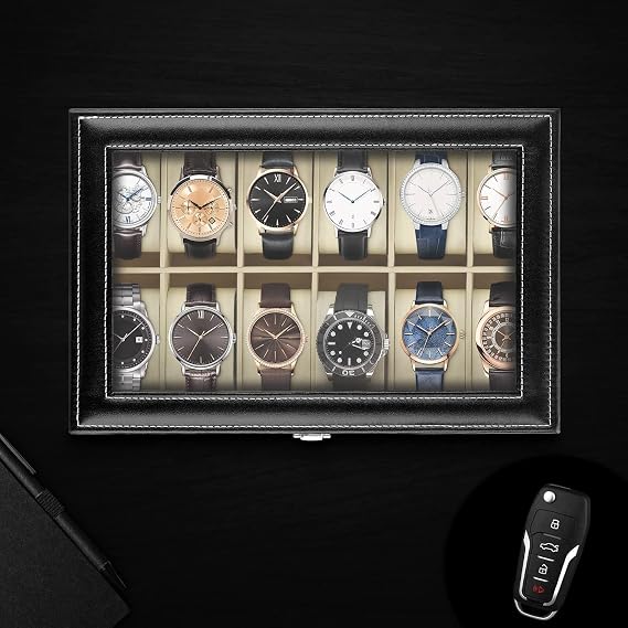 Elegant Watch Box for Women & Men, 12 Slot PU Leather Watch Storage Case with Glass Lid & Velvet Lining Lockable Clasp, Beige Interior, Luxury Watch Display Organiser
