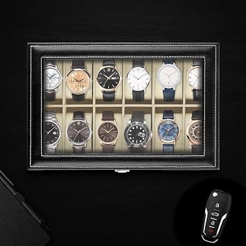 Elegant Watch Box for Women & Men, 12 Slot PU Leather Watch Storage Case with Glass Lid & Velvet Lining Lockable Clasp, Beige Interior, Luxury Watch Display Organiser