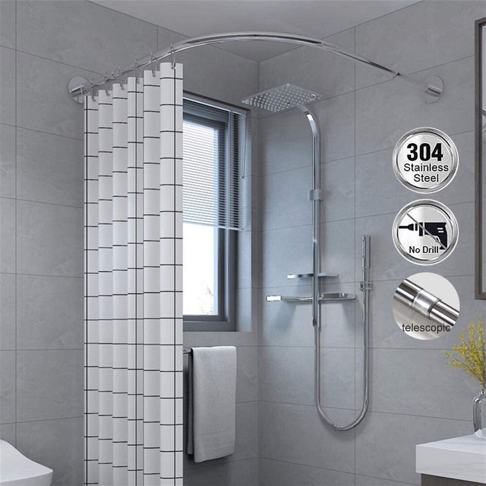 Barra de ducha curvada extensible sin taladro, barra de acero inoxidable para baño, 100% resistente al óxido, tamaño ajustable, 70-95 cm x 105-165 cm, barra de cortina de ducha fácil de instalar