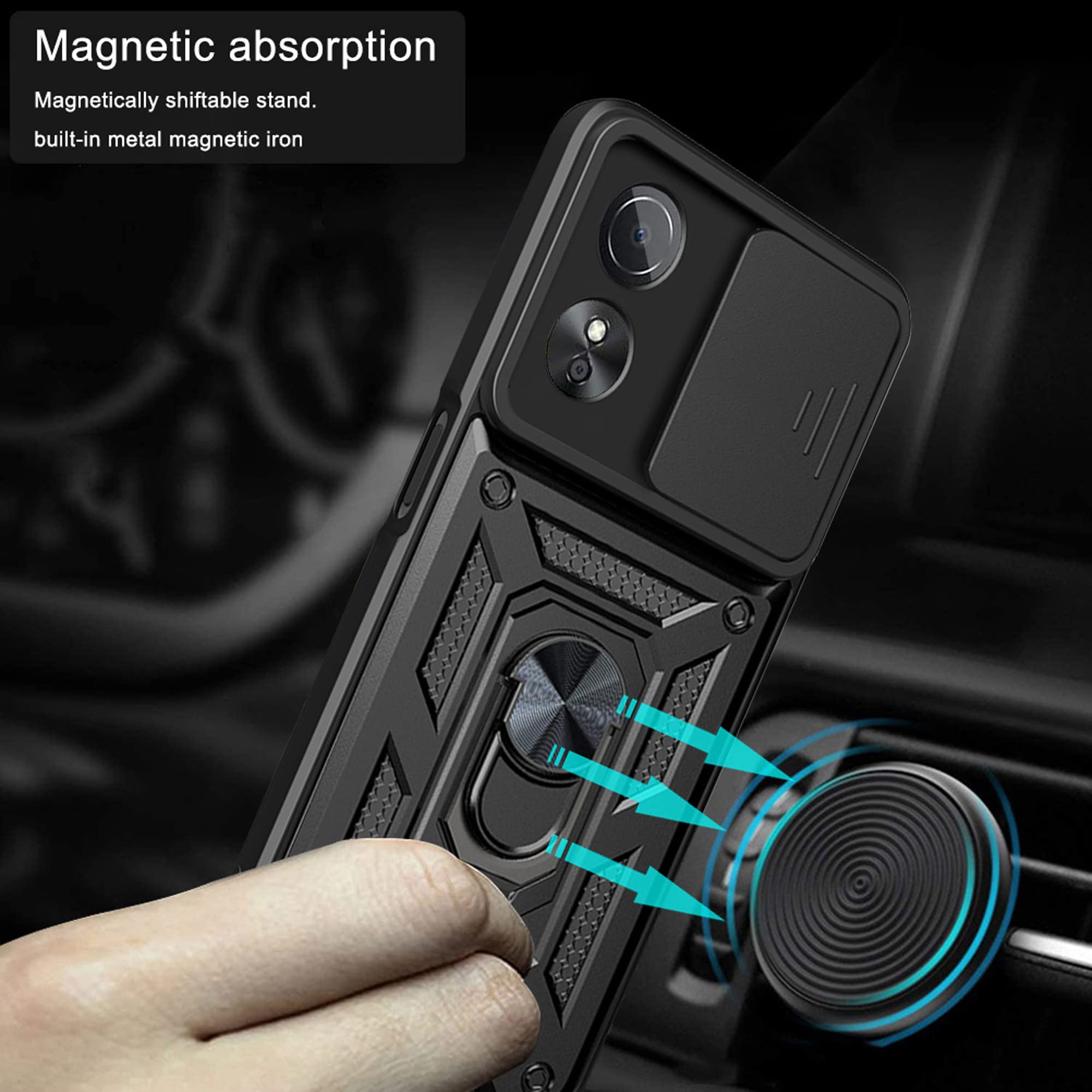 Cover Per Oppo A54s/A16/A16s Con Protezione Scorrevole Fotocamera – Anello Porta 360° E Supporto – Antishock Nero