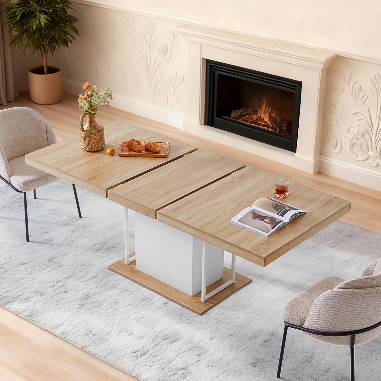 Dining Table Extendable Rectangle with Fluted Base for Kitchen Dining Room Living Room Dinner Tables 63 in-79 in for 4-8 Furniture Natural