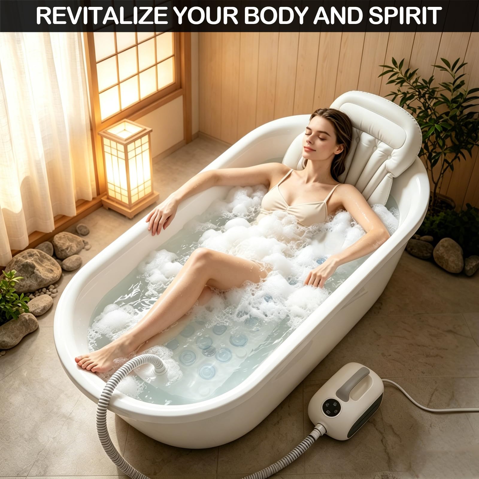 Mata bąbelkowa do wanny, wanny, spa z 6 poziomami intensywności masażu, mata bąbelkowa z poduszką i antypoślizgowymi przyssawkami, SPA, do domu, pilot zdalnego sterowania w zestawie