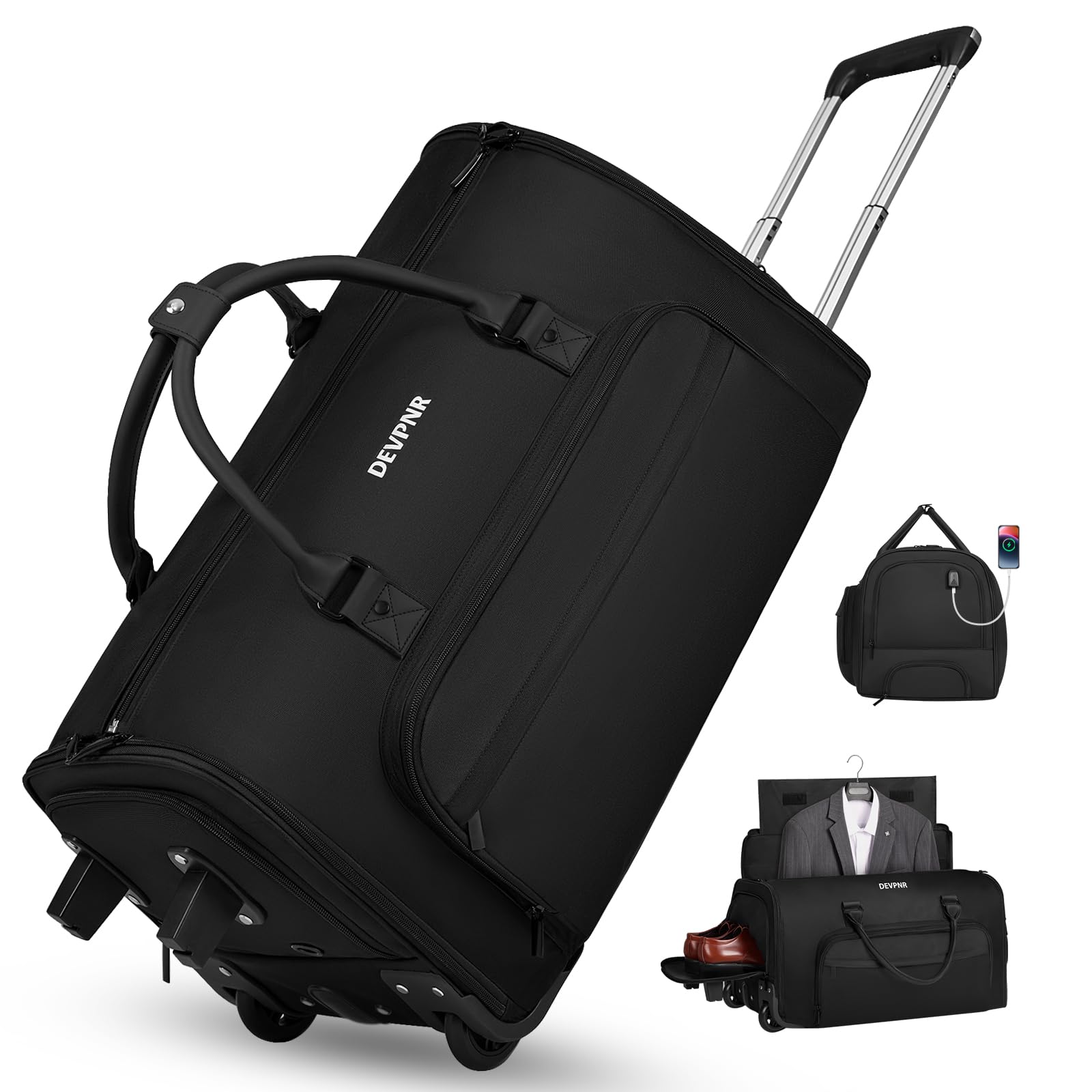 DEVPNR Rolling Garment Bags for Travel, 59L Rolling Duffle Bag with Wheels and Shoe Compartment for Men and Women, 3 in 1 Carry on Convertible Travel