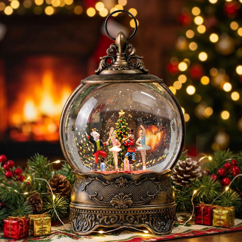 Boule à neige lumineuse de Noël 25,4 cm, boîte à musique pailletée, décorations alimentées par USB et piles (crèche dans le temple)
