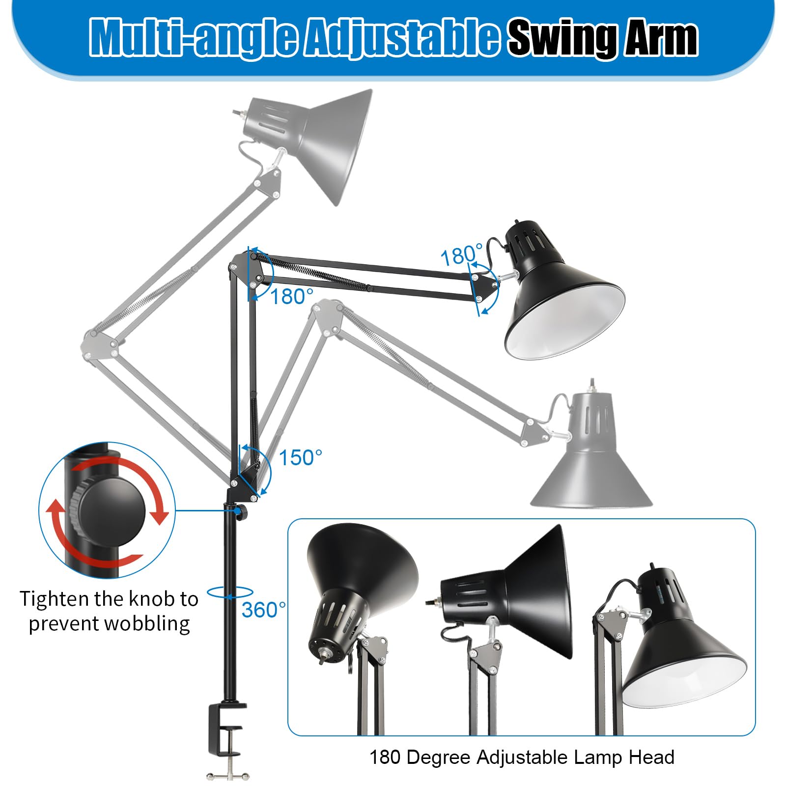 Lampada da scrivania con morsetto a LED, braccio oscillante regolabile a 360°, luce a morsetto con lampadina LED per casa, ufficio, lettura, redazione