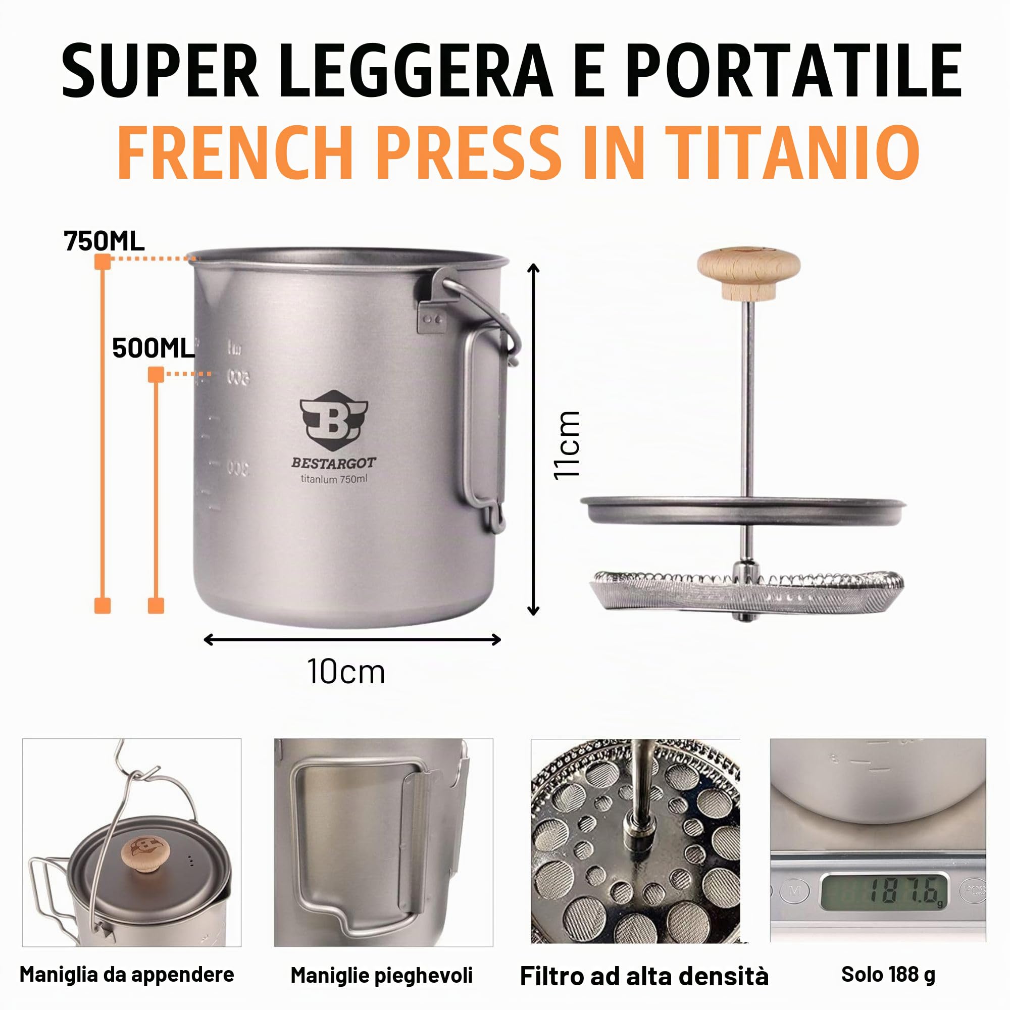 Bestargot Titanio Campeggio Tazza di Caffè All'aperto 750ml Pentola Pressa Francese Ultraleggero Multifunzionale Viaggio Tazza